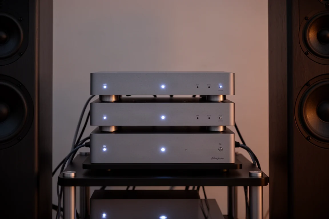 Flaches Hi-Fi-Rack in der Dämmerung mit drei übereinander gestapelten Audio-Komponenten und schwachen Kontrollleuchten