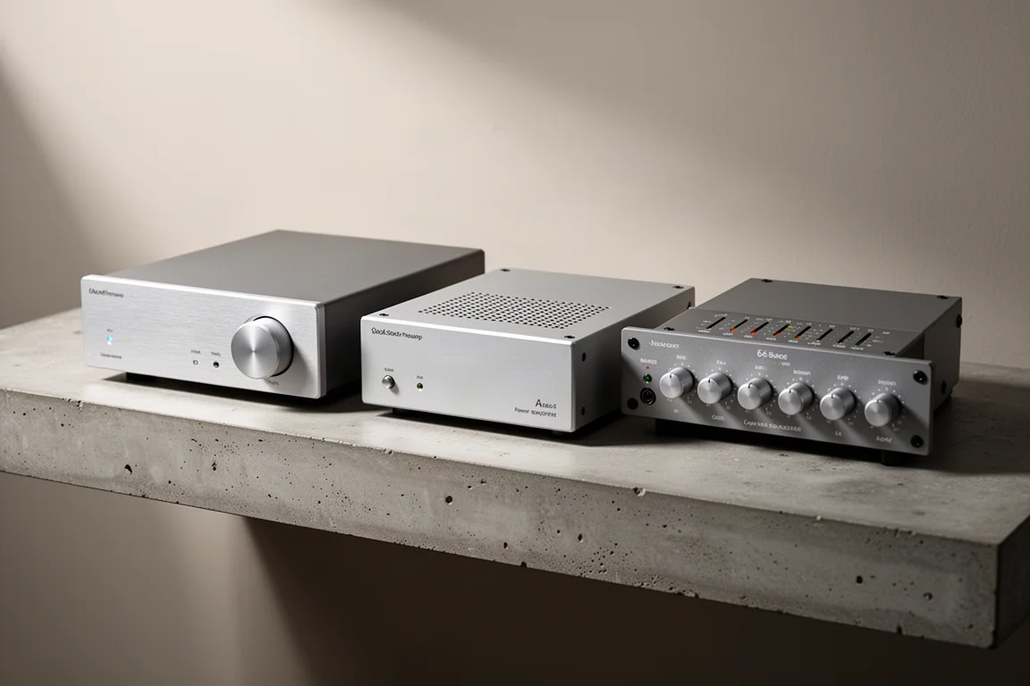 Three compact audio separates on a matte concrete shelf in soft studio light
