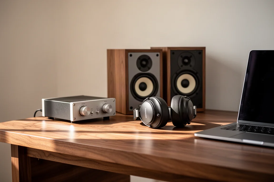 Configuración de escucha de escritorio con un amplificador pequeño, altavoces de estantería y auriculares
