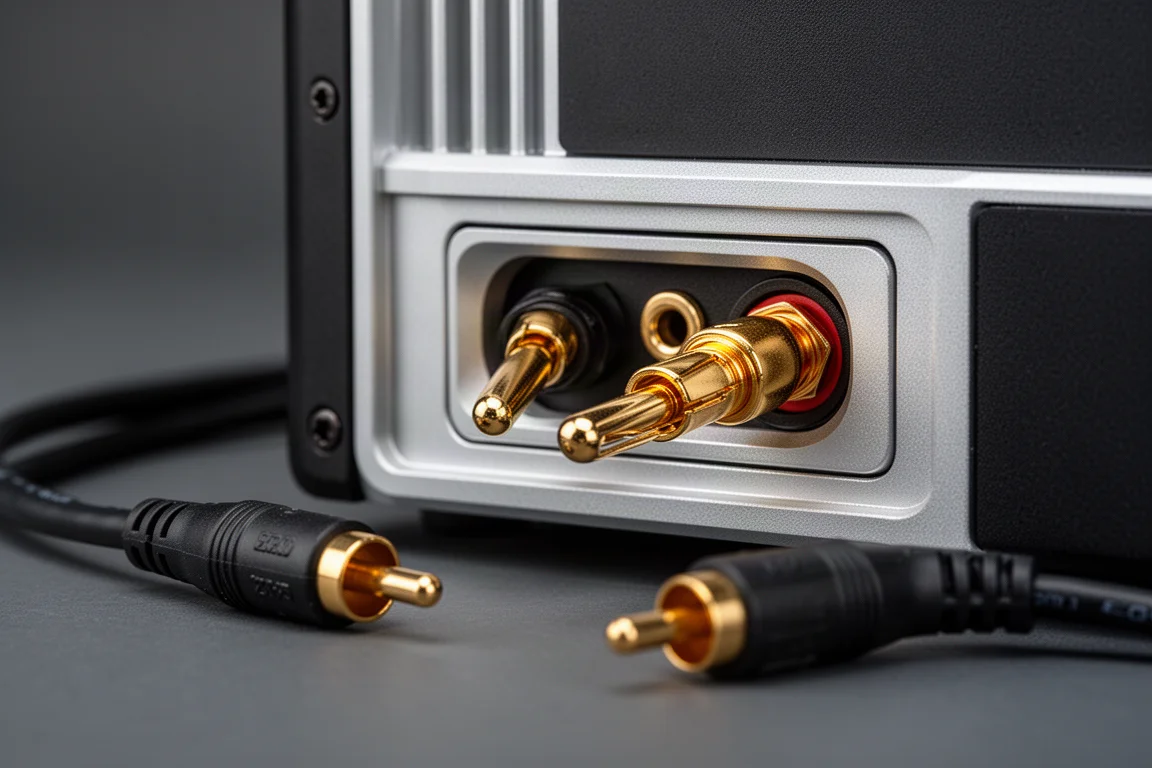 Primer plano de terminales de altavoz embutidos con conectores banana insertados