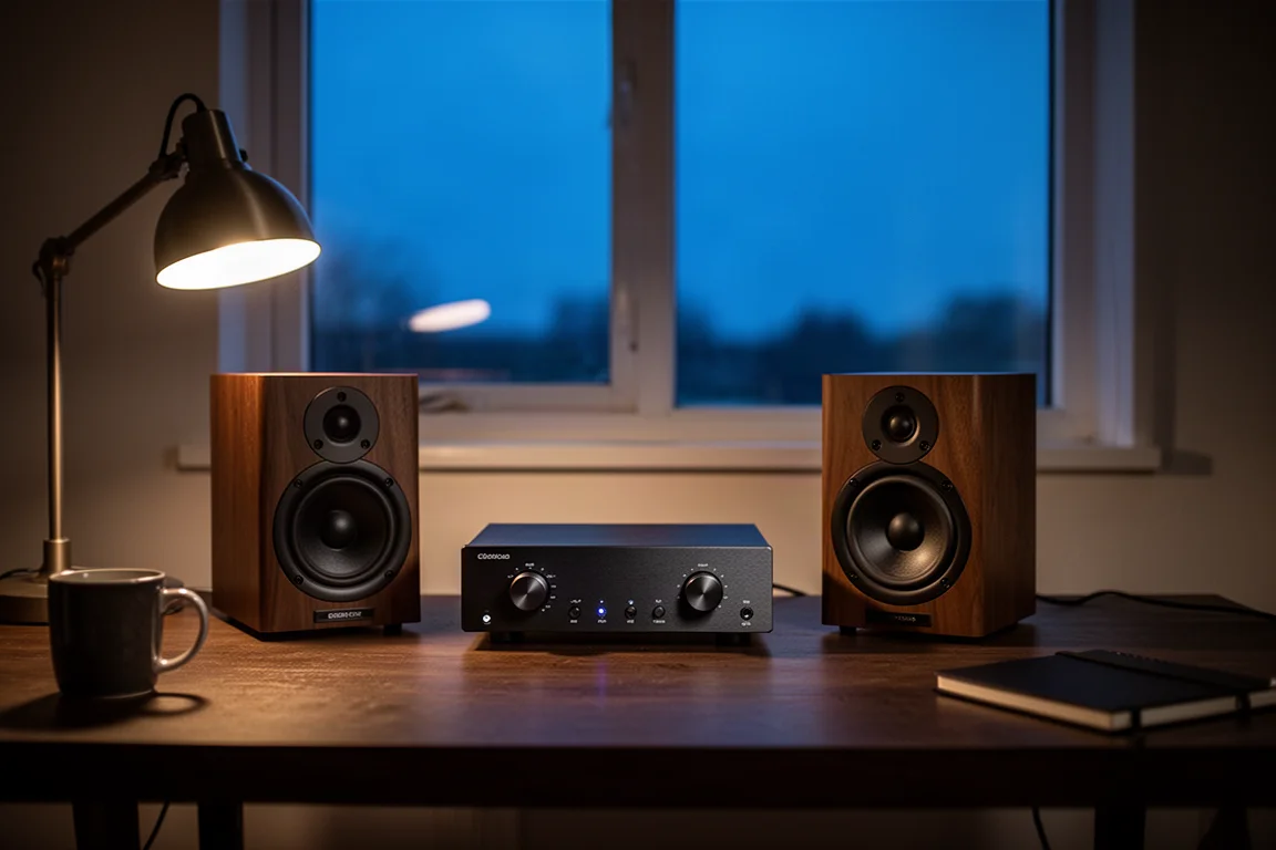 Escritorio por la noche con un amplificador compacto, altavoces y luz cálida de lámpara