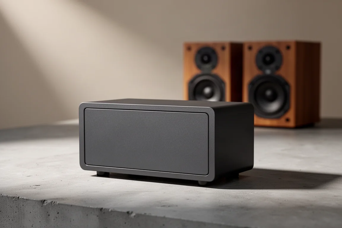 Compact desktop speaker amplifier on a concrete surface with blurred bookshelf speakers