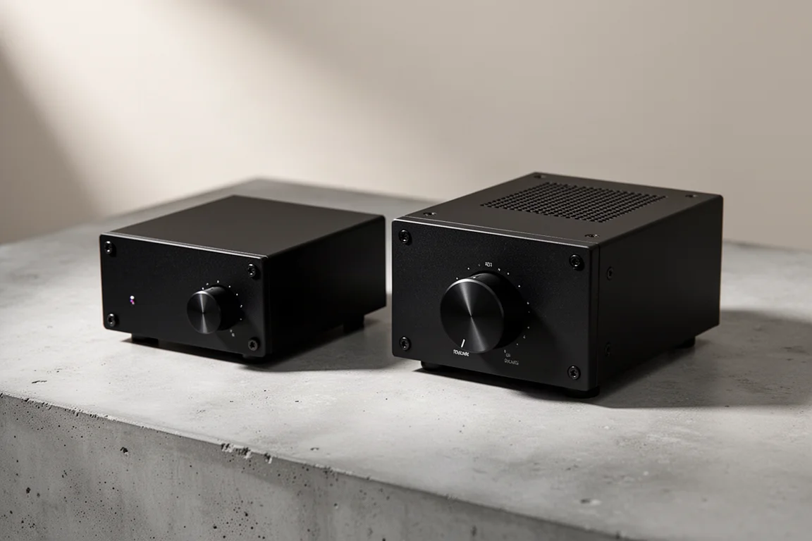 Two compact black stereo amplifiers side by side on a matte concrete surface