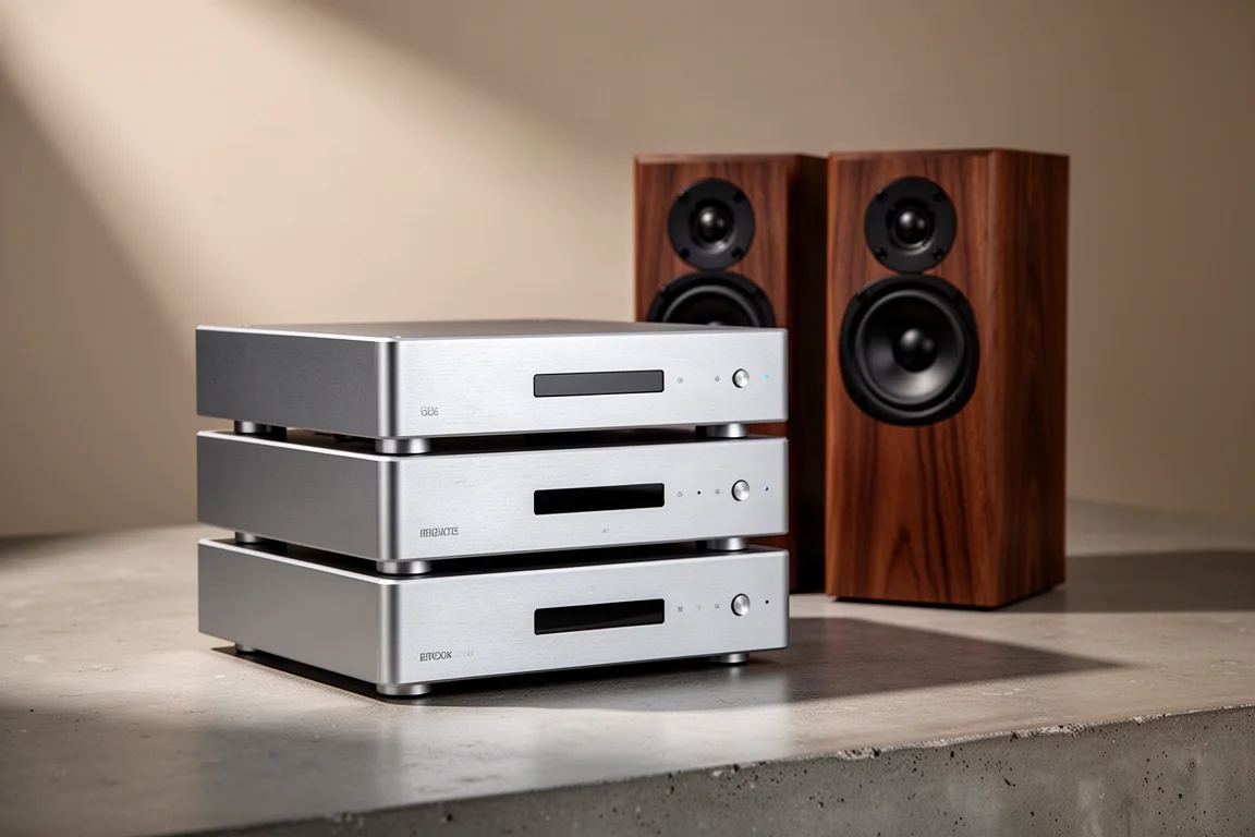 Stack of three aluminium hi-fi components beside a pair of compact bookshelf speakers