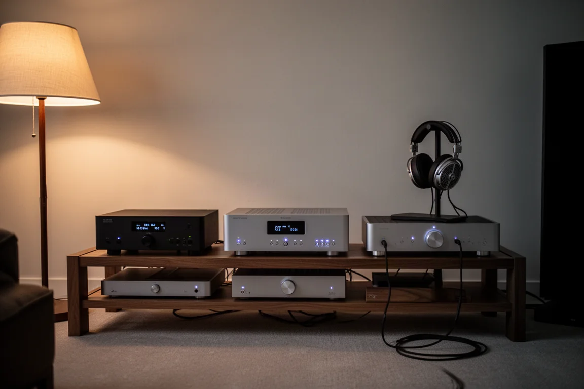Hi-fi-ställ med förförstärkare, effektförstärkare och golvhögtalare i ett dunkelt lyssningsrum