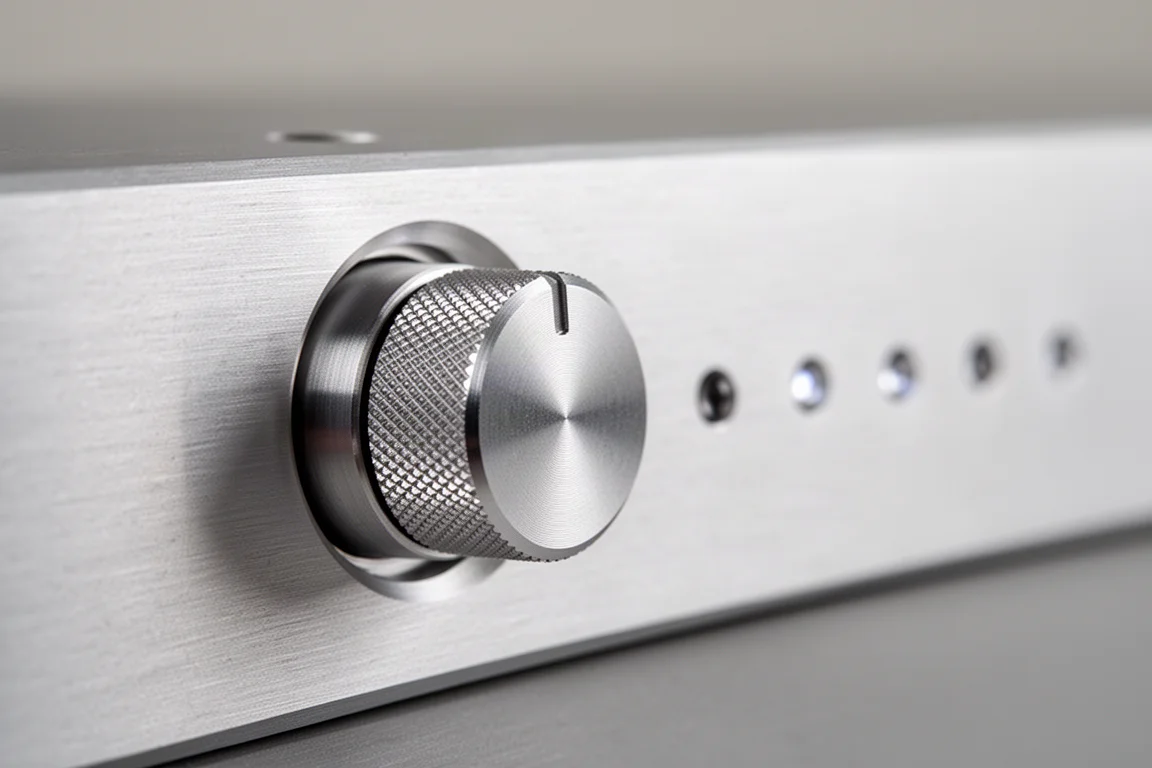 Närbild på en hi-fi-frontpanel med räfflad volymkantskant och glödande indikatorlampor