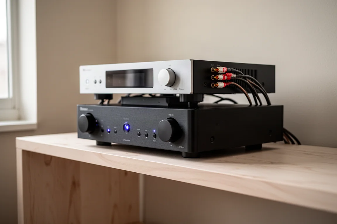 Baksidan av en hi-fi-komponent med balanserade XLR- och RCA-kablar anslutna