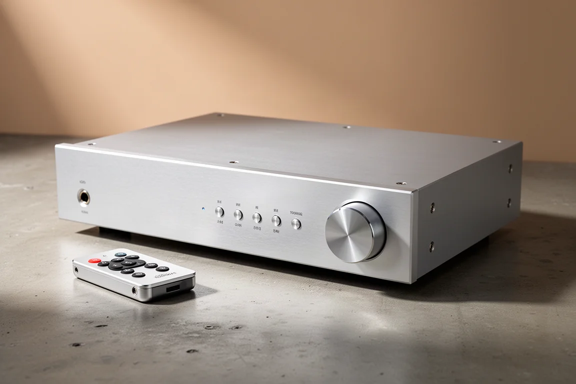 Black textured aluminium preamplifier on a walnut shelf beside open-back headphones