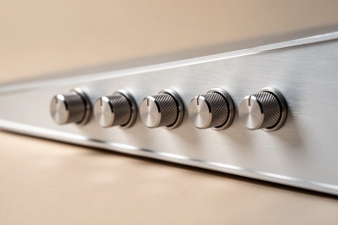 Makrodetalj av sex räfflade vred på en frontpanel i borstad aluminium