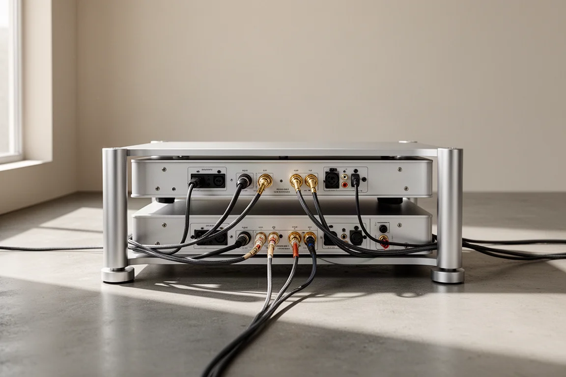 Baksida av slimmade aluminiumkomponenter för hi-fi med balanserade kablar prydligt dragna bakom ett ställ