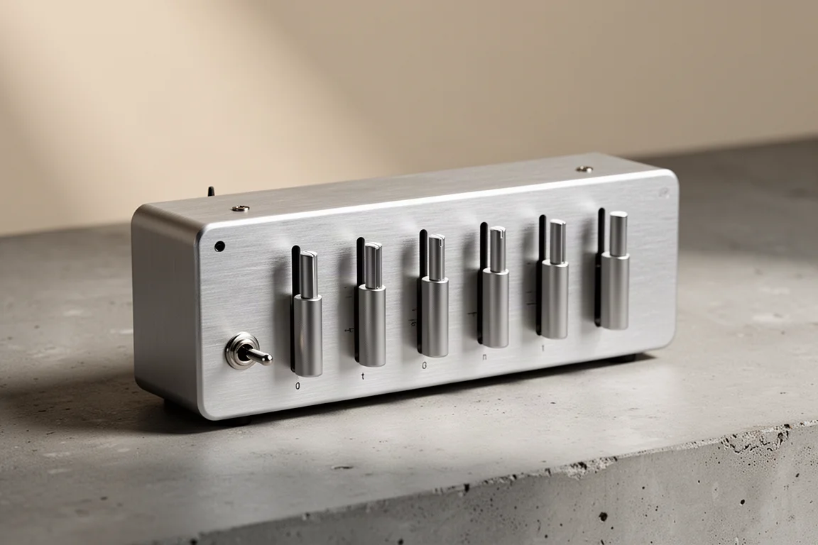 Compact silver analog equalizer with six rotary knobs on a concrete surface