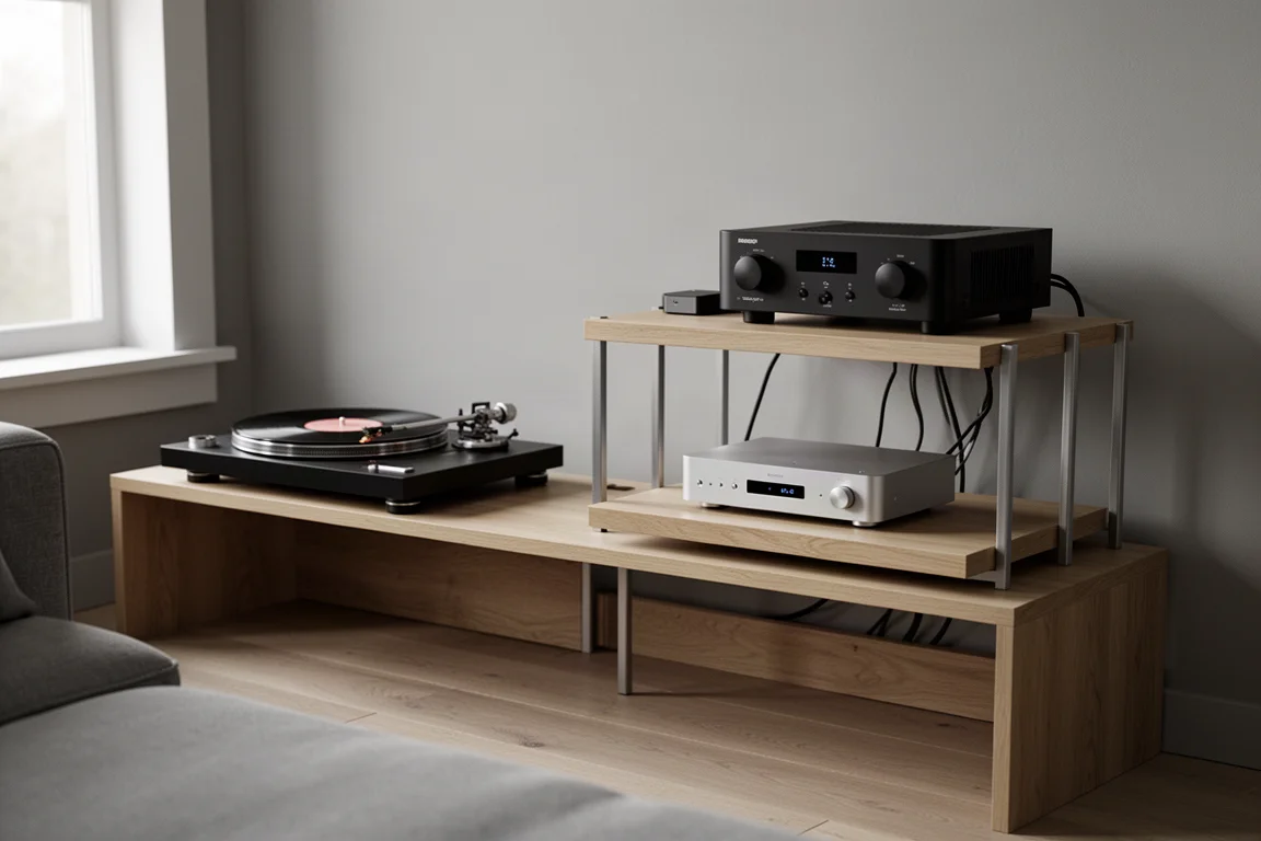 簡潔的客廳音響架上擺著黑膠唱盤、轉換器與擴大機