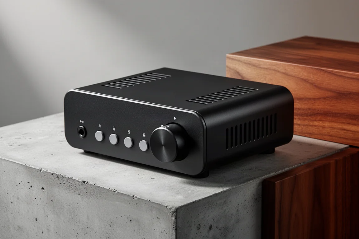 Compact black desktop headphone amplifier with grey front buttons and a large volume knob
