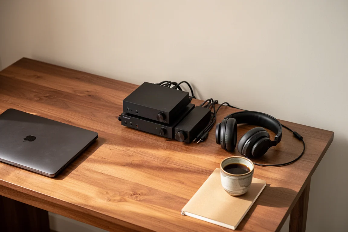 Vista dall'alto di una scrivania in legno con un laptop chiuso, un piccolo stack audio nero, cuffie e una tazza di caffè