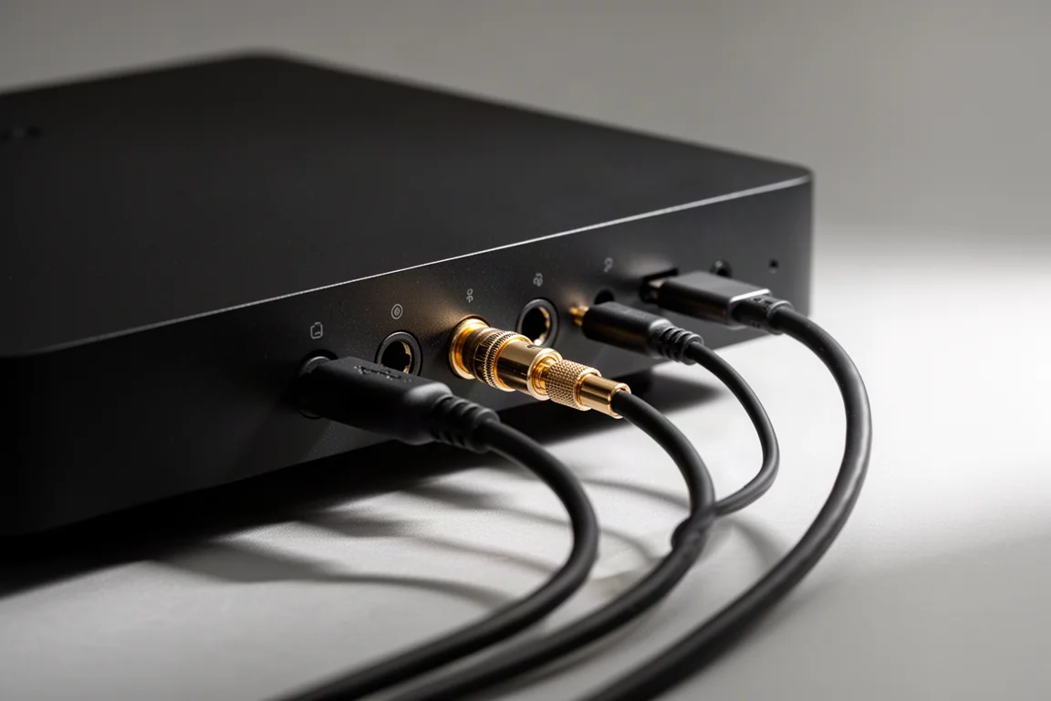 Primo piano del pannello posteriore di un componente audio sottile con cavi ottico, coassiale e USB-C collegati