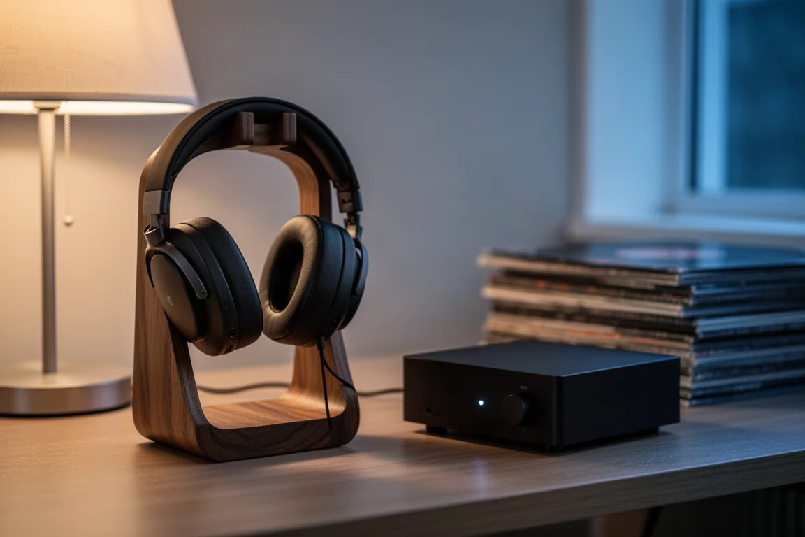 Cuffie over-ear su un supporto in legno accanto a un amplificatore da scrivania nella luce calda di una lampada serale