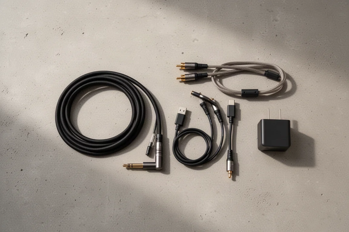 Flat-lay di un cavo per cuffie arrotolato, interconnessioni RCA, cavo USB-C e piccolo alimentatore su cemento
