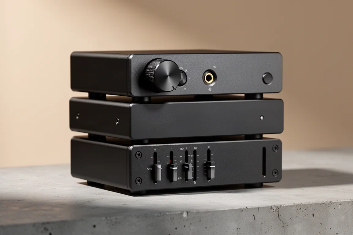Three compact matte black desktop audio components stacked on a concrete surface