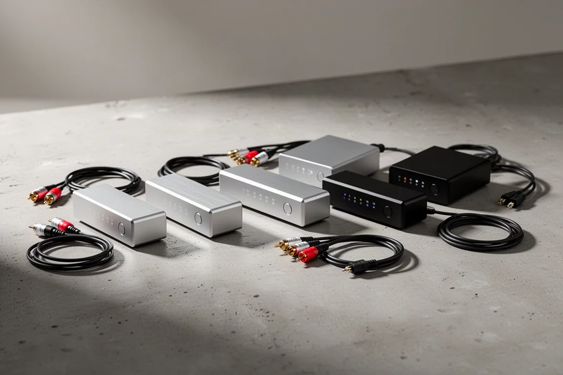 Six compact desktop DACs arranged in a row on a matte concrete surface