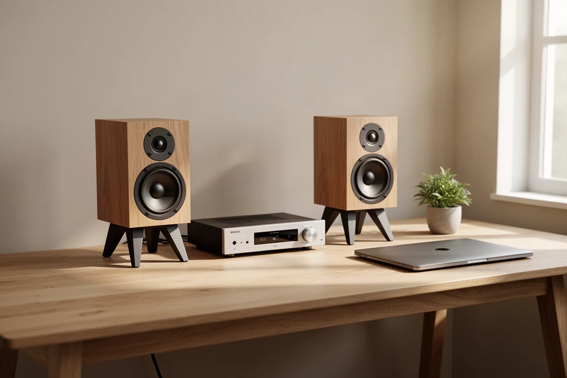 Configuración de alta fidelidad compacta sobre escritorio con pequeños altavoces de estantería y un amplificador delgado sobre un escritorio de roble