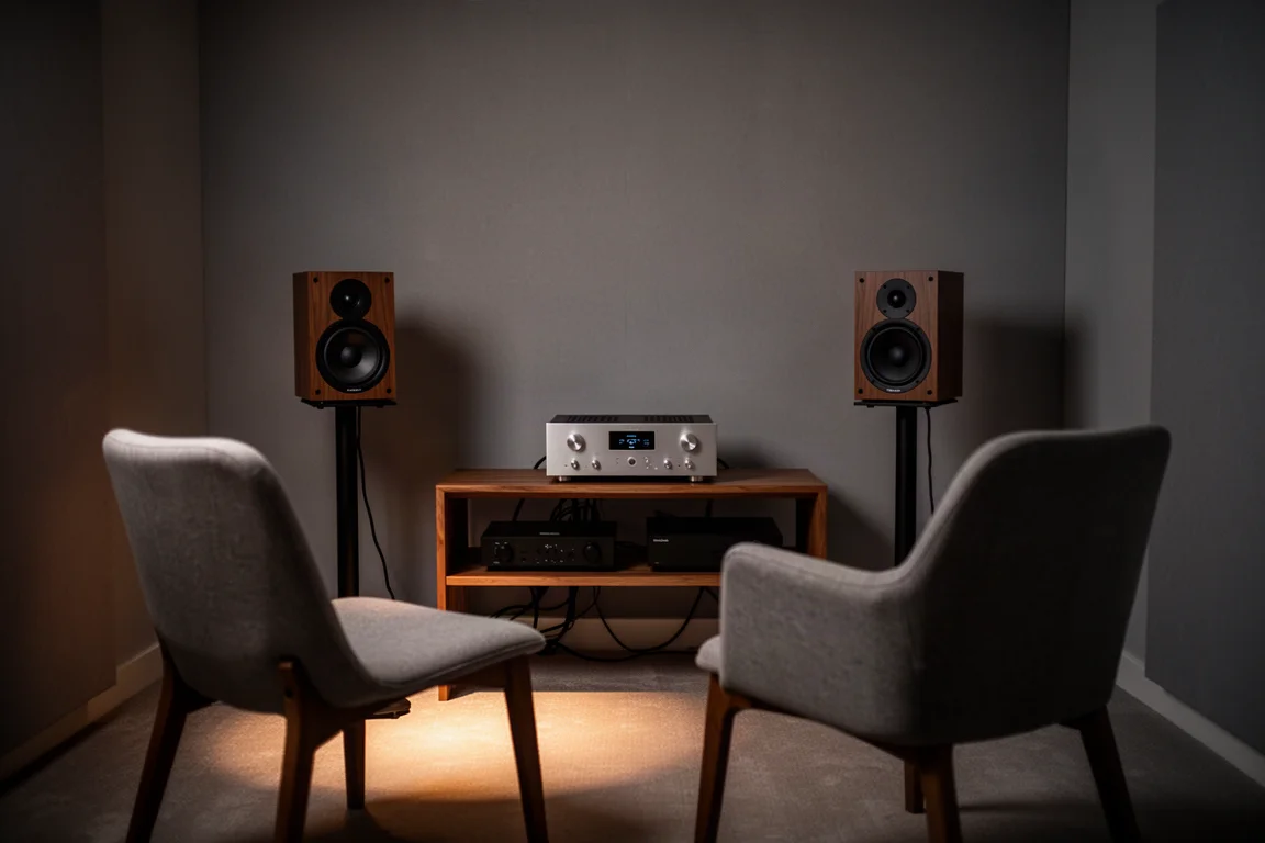 Pequeña sala de escucha nocturna con amplificador compacto, altavoces de estantería sobre soportes y una silla vacía