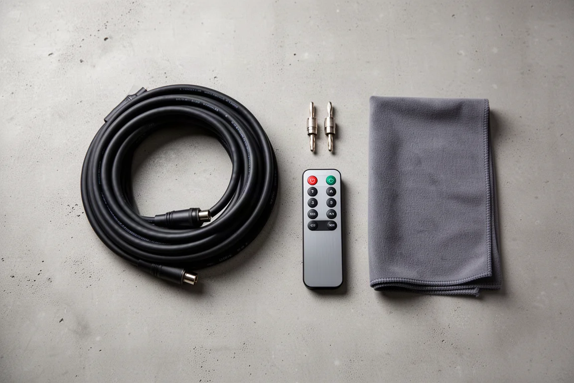 Vista cenital plana de cable de altavoz, conectores banana y un pequeño mando metálico sobre hormigón