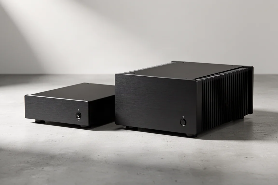 Two compact black hi-fi power amplifier chassis side by side on a concrete surface