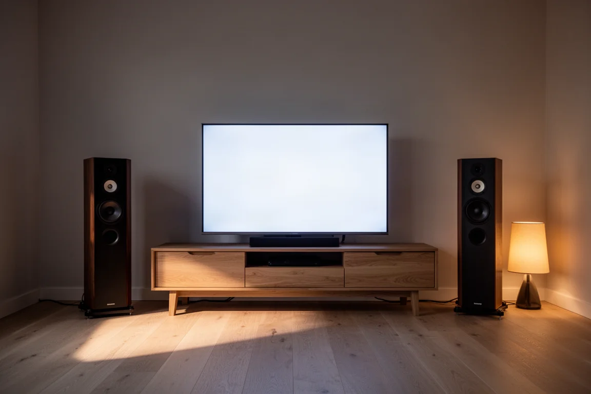 Living room at dusk with floorstanding speakers flanking a softly lit television