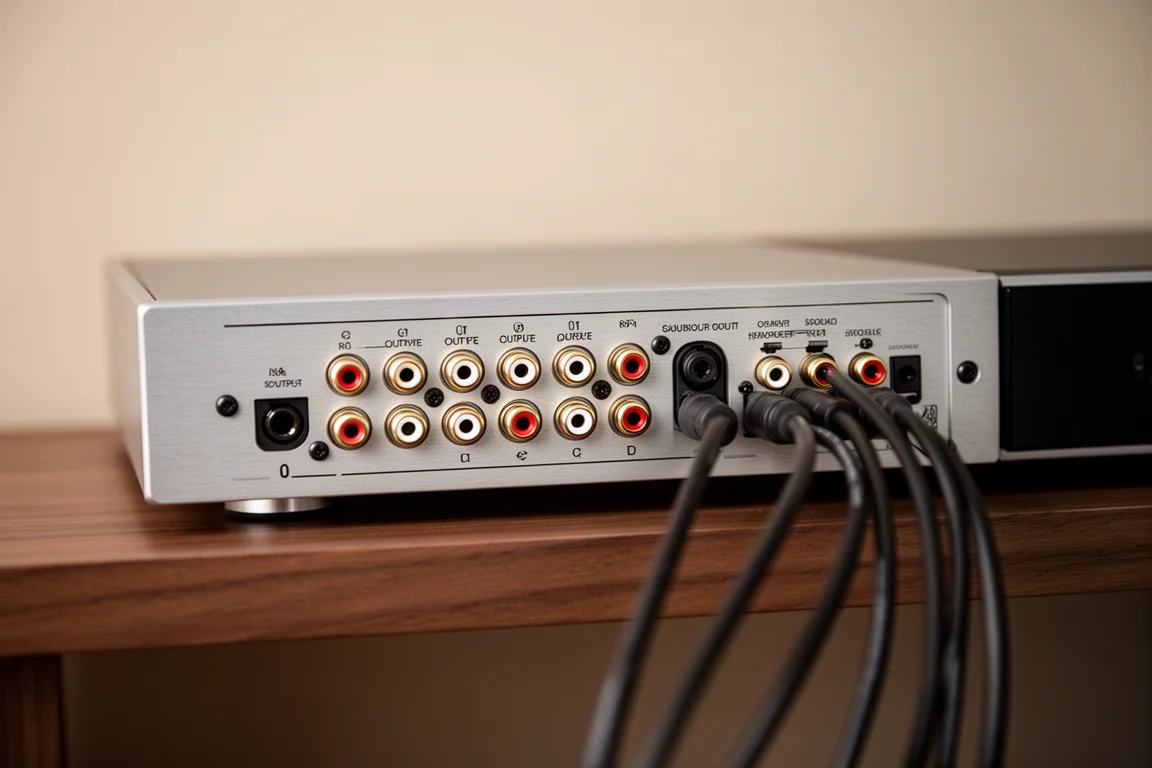 Close-up of rear panel RCA outputs and speaker cables on a wooden shelf