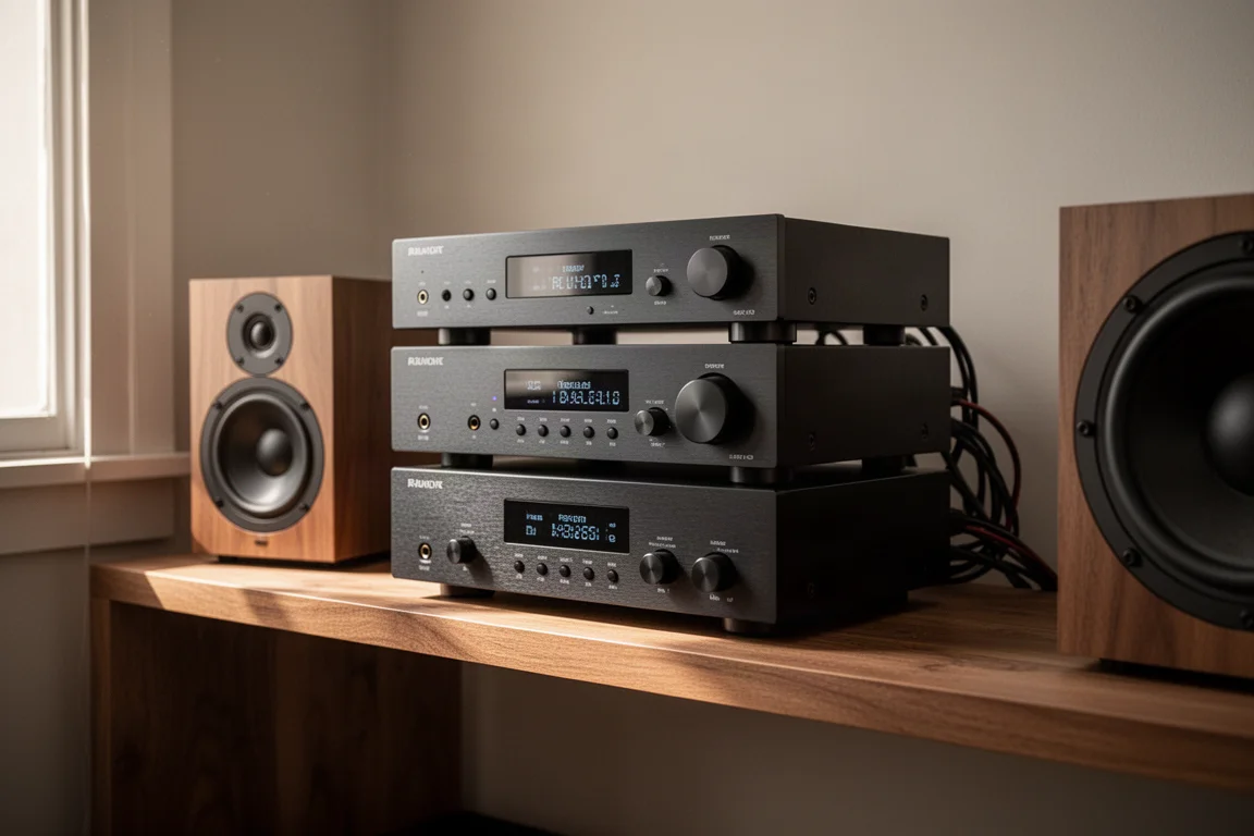 Stack of compact stereo amplifiers on a wooden shelf with cables arranged behind