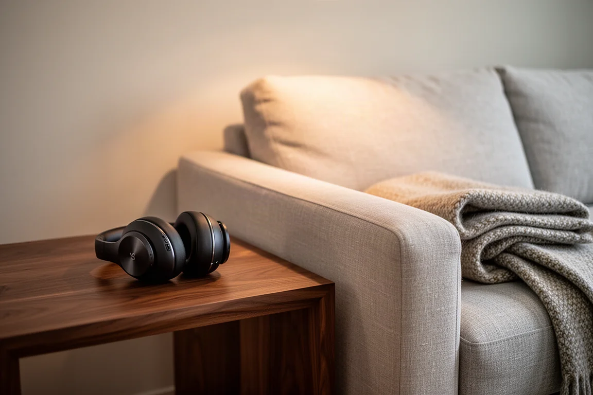 Over-ear headphones on a walnut side table beside a linen sofa in evening light