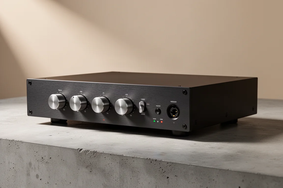 Schiit Syn surround processor and preamp with five knobs on a concrete surface