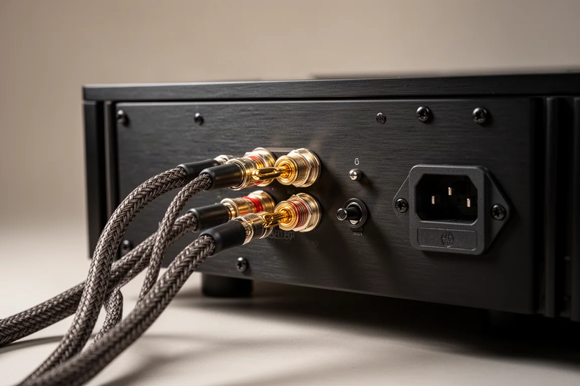 Primo piano dei morsetti per diffusori e di un grosso cavo di potenza sul retro di un amplificatore