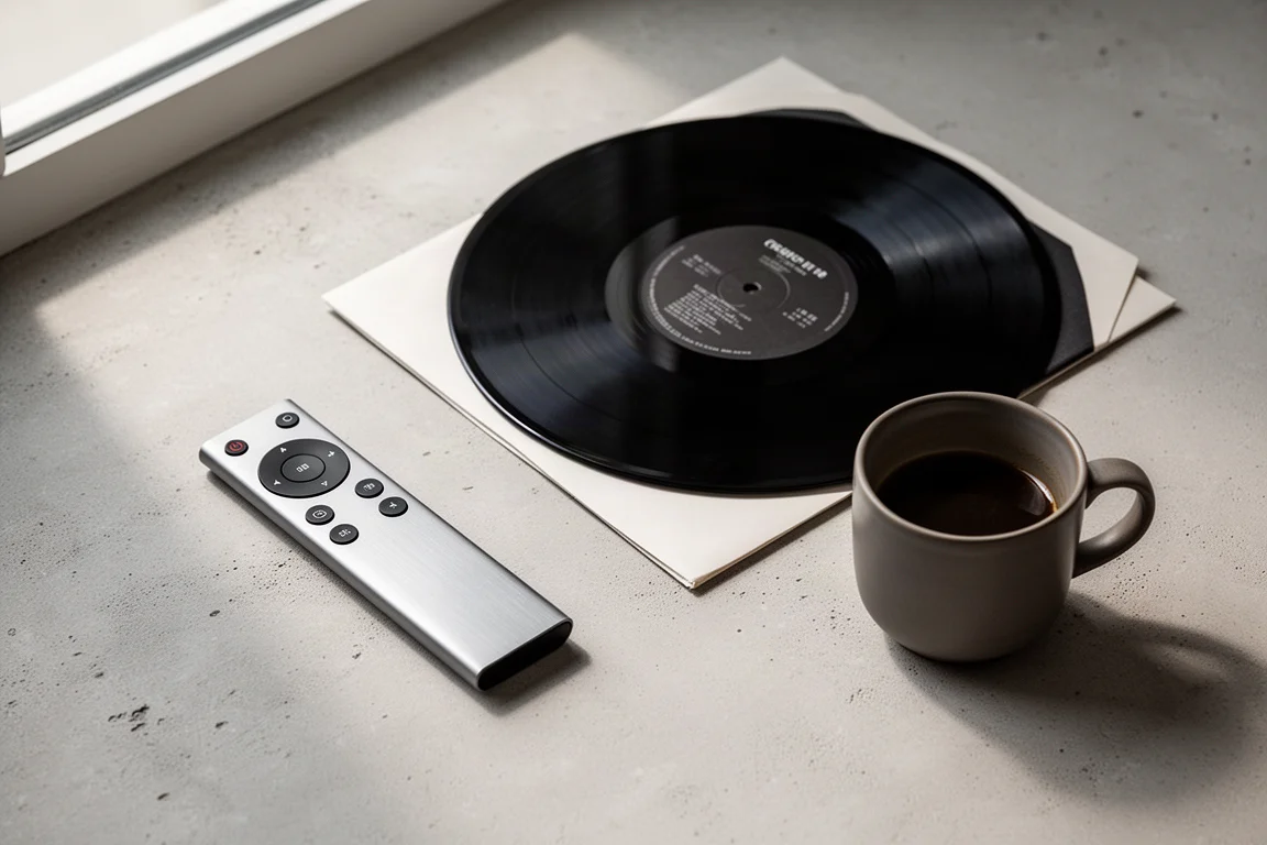 Disposizione piatta di un telecomando in metallo, un disco in vinile e una tazza di caffè su cemento