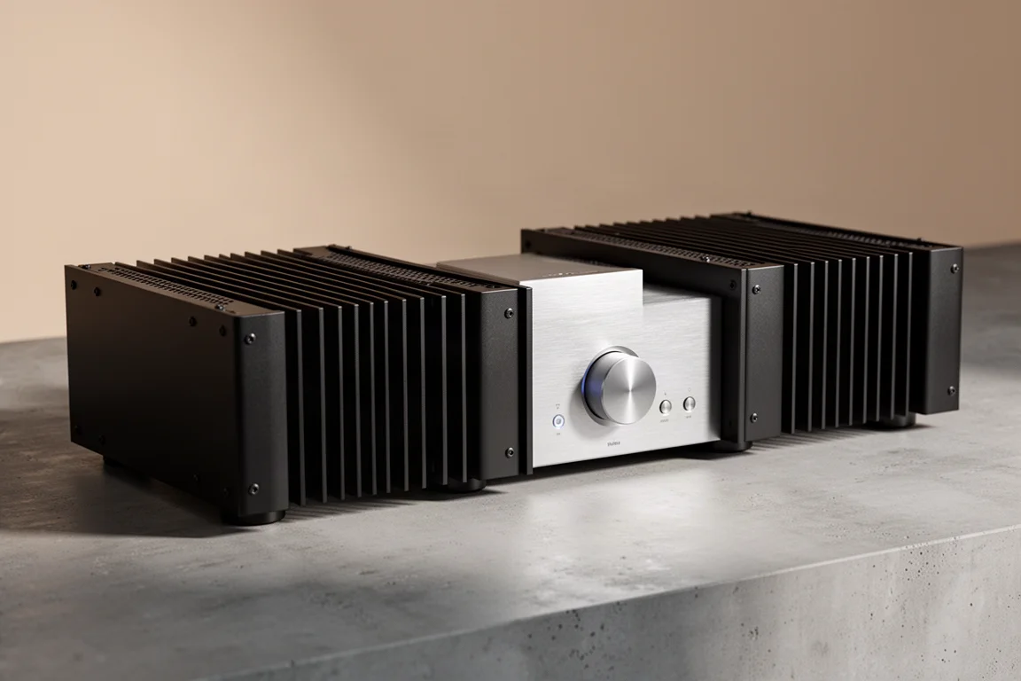Two black monoblock amplifiers beside a slim brushed aluminium preamplifier on concrete