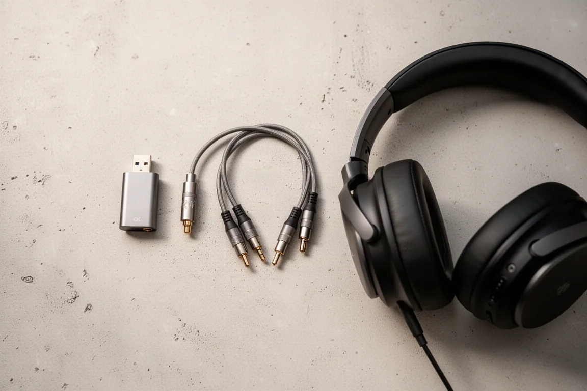 混凝土上平放的小型USB dongle DAC、轉接線及頭戴式耳機
