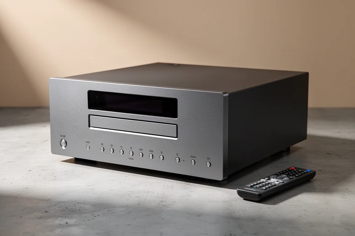 Slim metal CD transport with disc drawer, small display and remote on concrete
