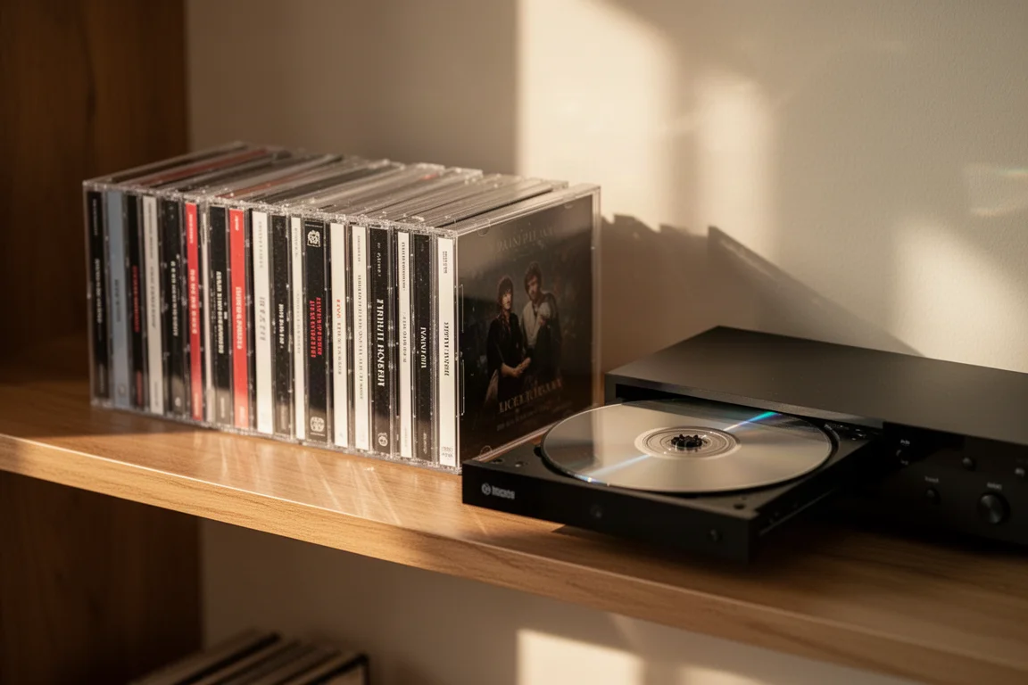 Geöffnete CD-Lade mit einer silbernen Disc darin auf einem Holzregal voller Jewel Cases