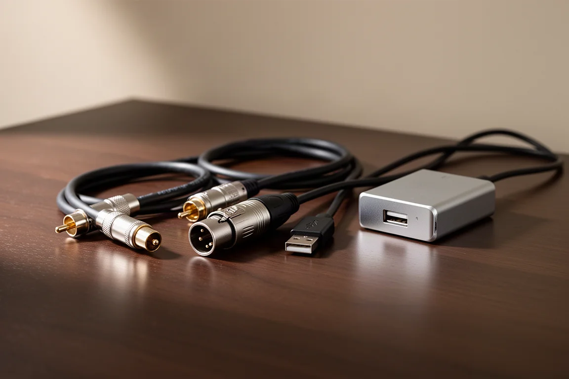 Koaxial-, symmetrische und USB-Kabel auf einem Schreibtisch neben einem kleinen Desktop-DAC