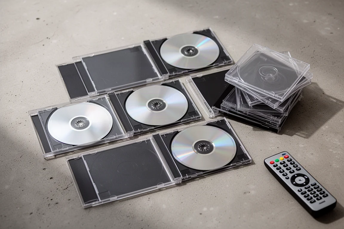 Draufsicht auf gebrauchte CDs in offenen Jewel Cases auf Beton