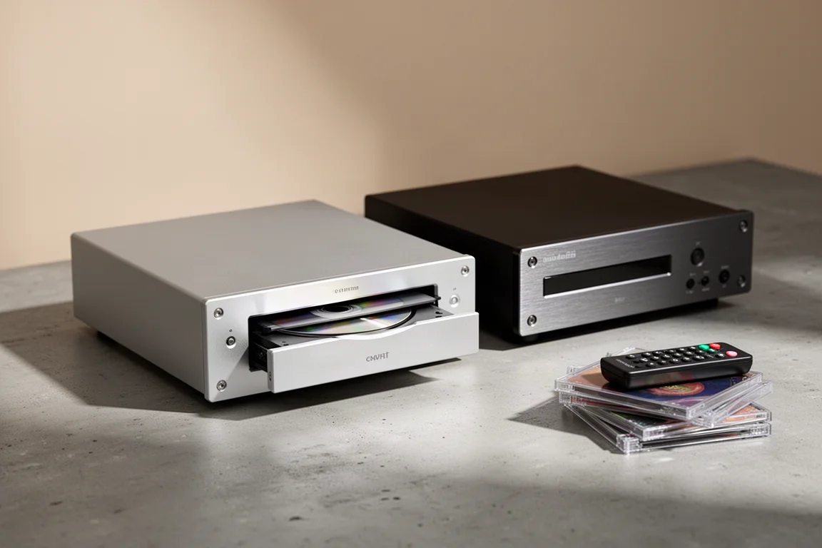 Silver CD transport and darker CD player side by side on a concrete surface