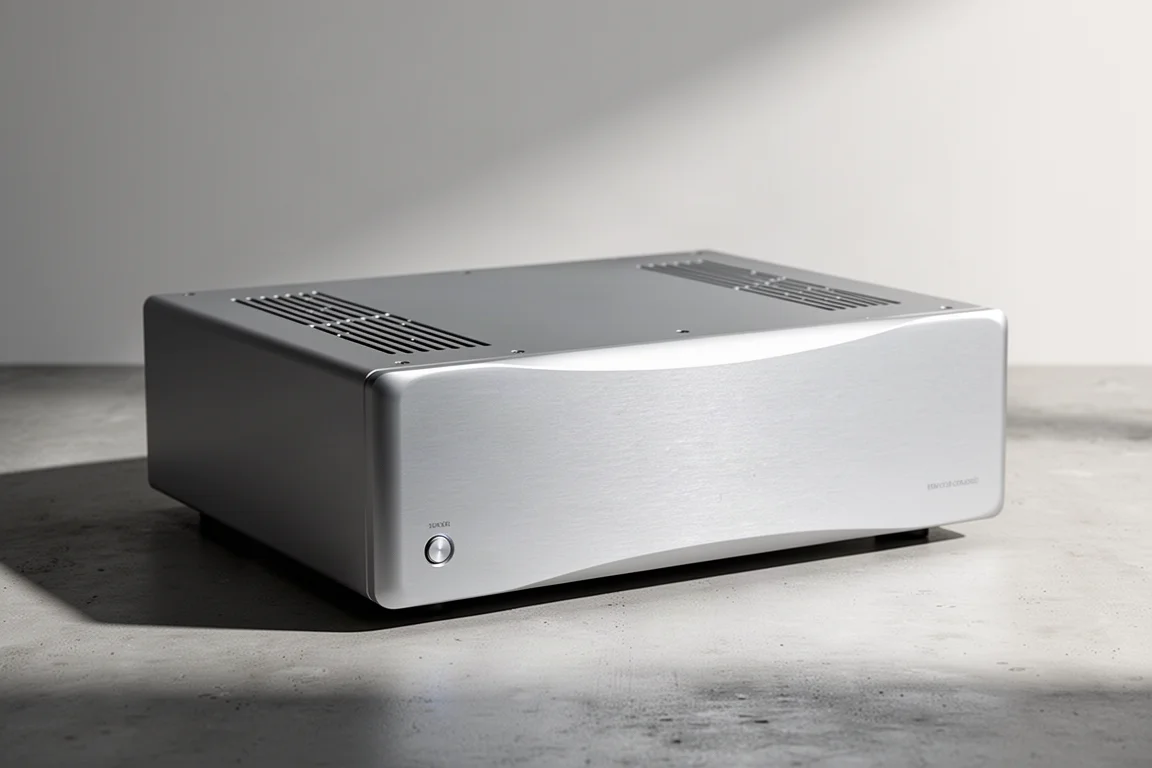 Silver Class AB stereo power amplifier with a front standby button on a concrete surface