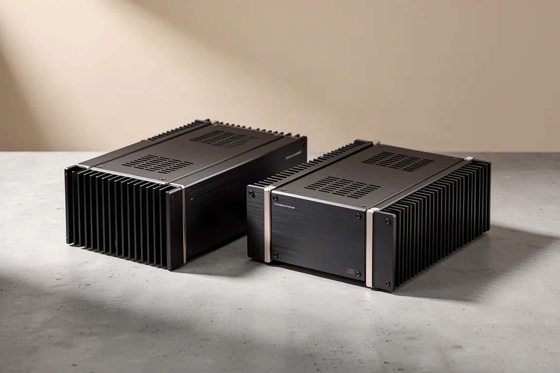Två smala aluminiumförstärkare i hi-fi-klass med sidomonterade kylflänsar på en betongyta