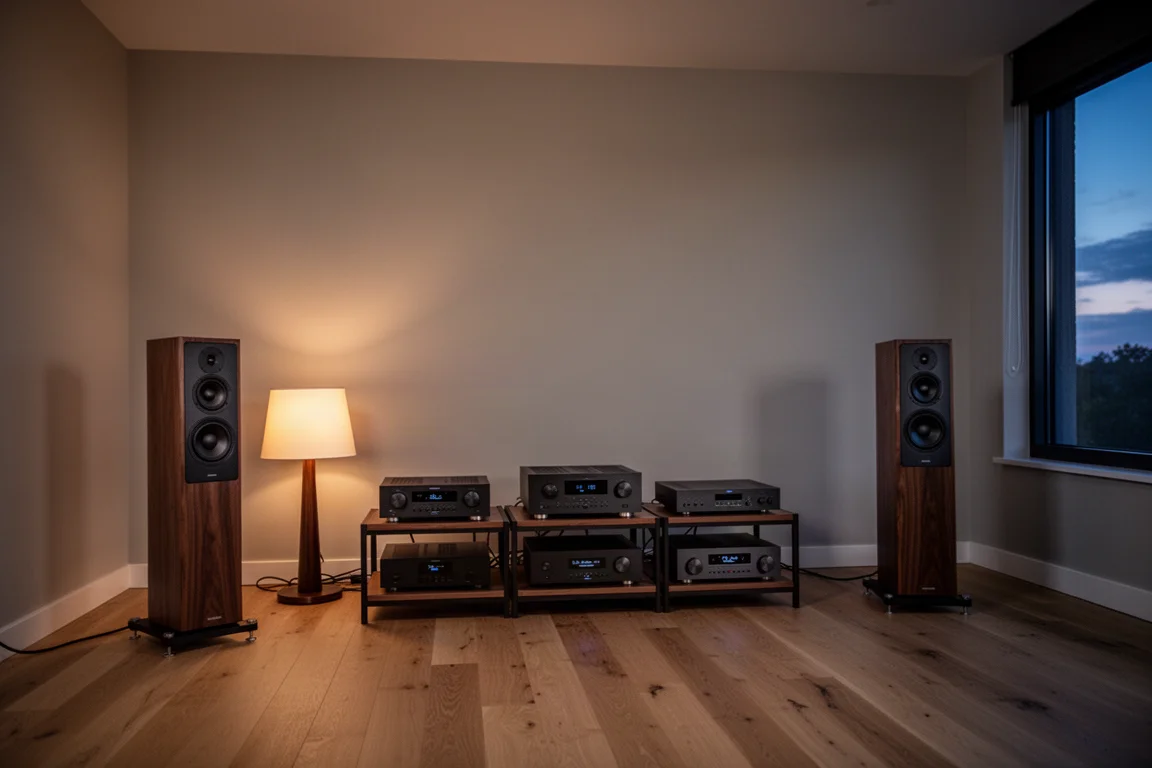 Zweikanal-Hi-Fi-System mit Standlautsprechern und einem Komponentenrack in einem sanft beleuchteten Raum