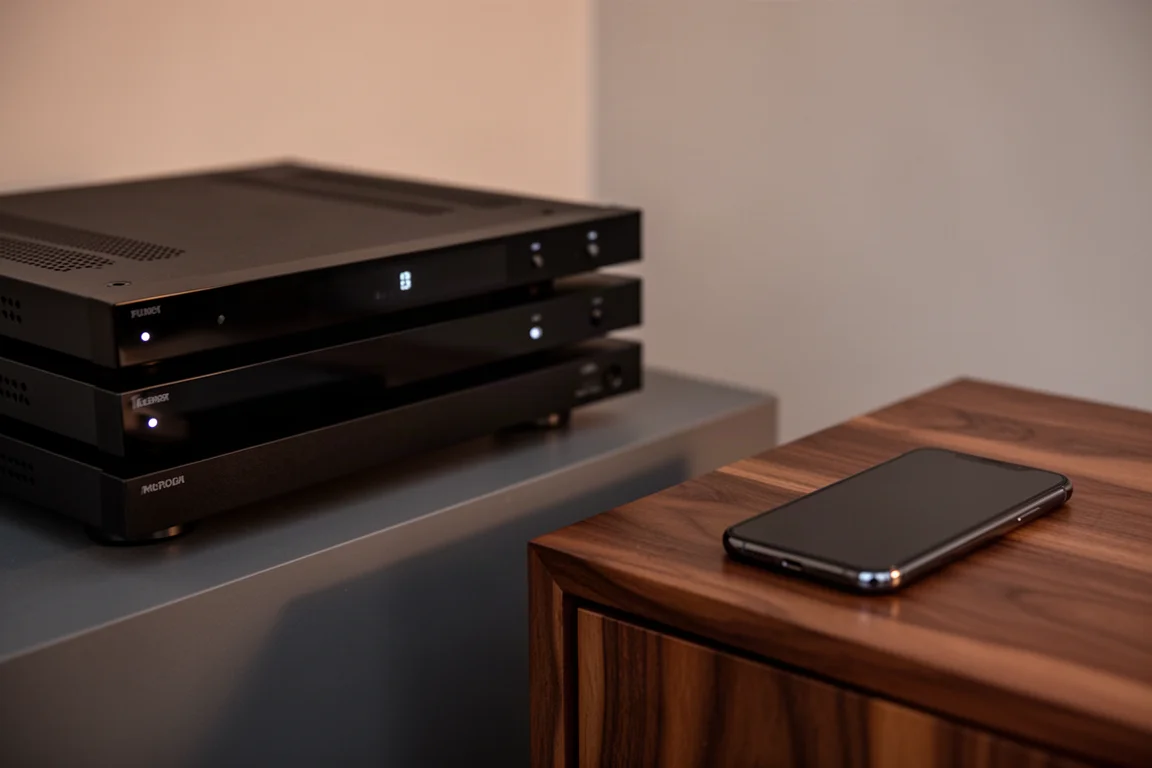 Hi-Fi-Rack mit schlanken schwarzen Komponenten und einem Smartphone auf einem Beistelltisch im Abendlicht