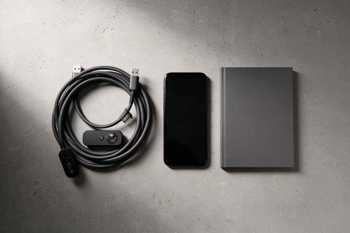 Draufsicht auf Audiokabel, eine Fernbedienung und ein Smartphone auf einer Betonfläche