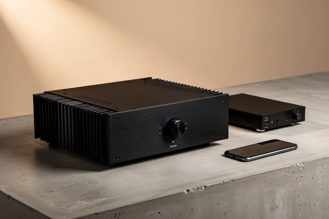 Black two-channel power amplifier, slim preamplifier and smartphone arranged on a concrete surface