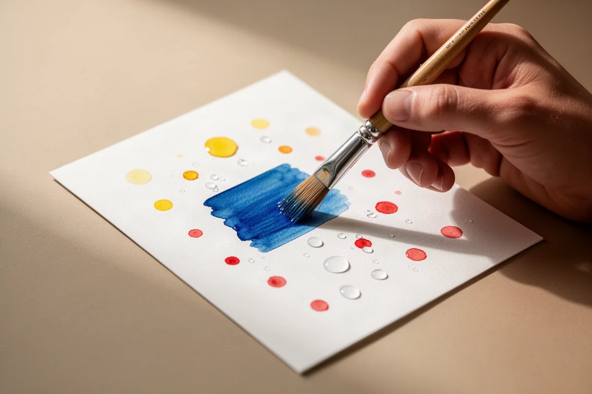 Watercolor dot card being swatched with a round brush on test paper