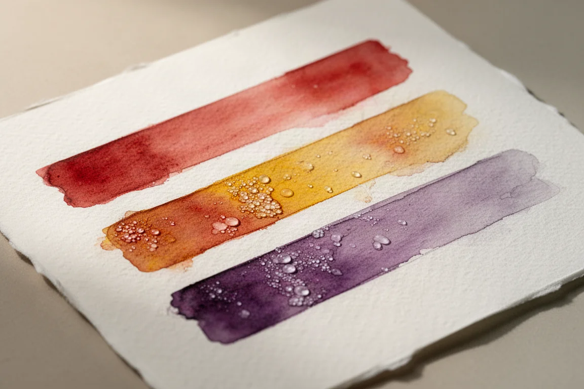 Dried watercolor swatches showing transparency gradients on white paper
