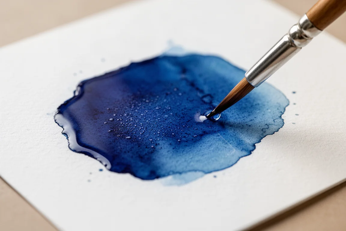 Vibrant blue watercolor paint pooling in a pan under natural light